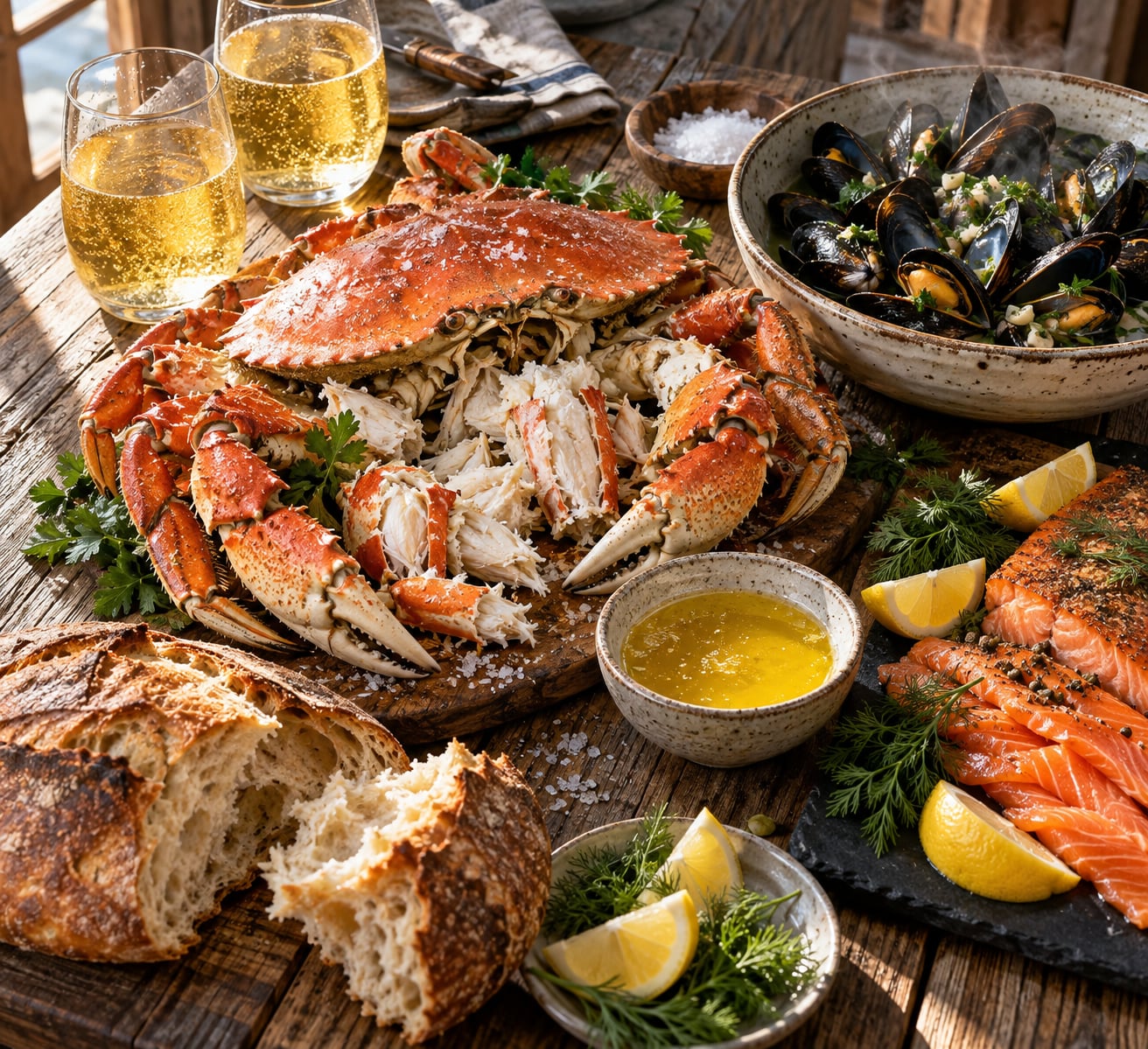 Overhead flat-lay food photograph of a rustic Pacific Northwest seafood feast with steamed Dungeness crab fresh mussels and smoked salmon