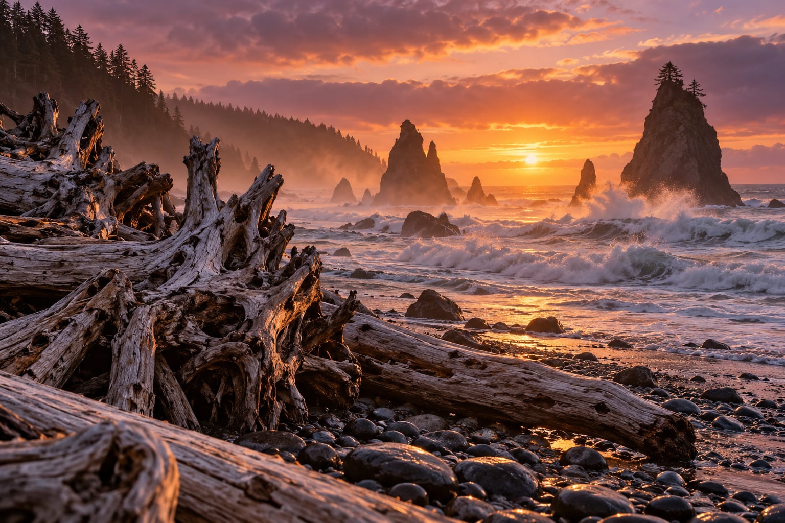 Eye-level evening photograph at Rialto Beach along the wild Pacific coast showing bleached driftwood trees and dramatic sea stacks at sunset