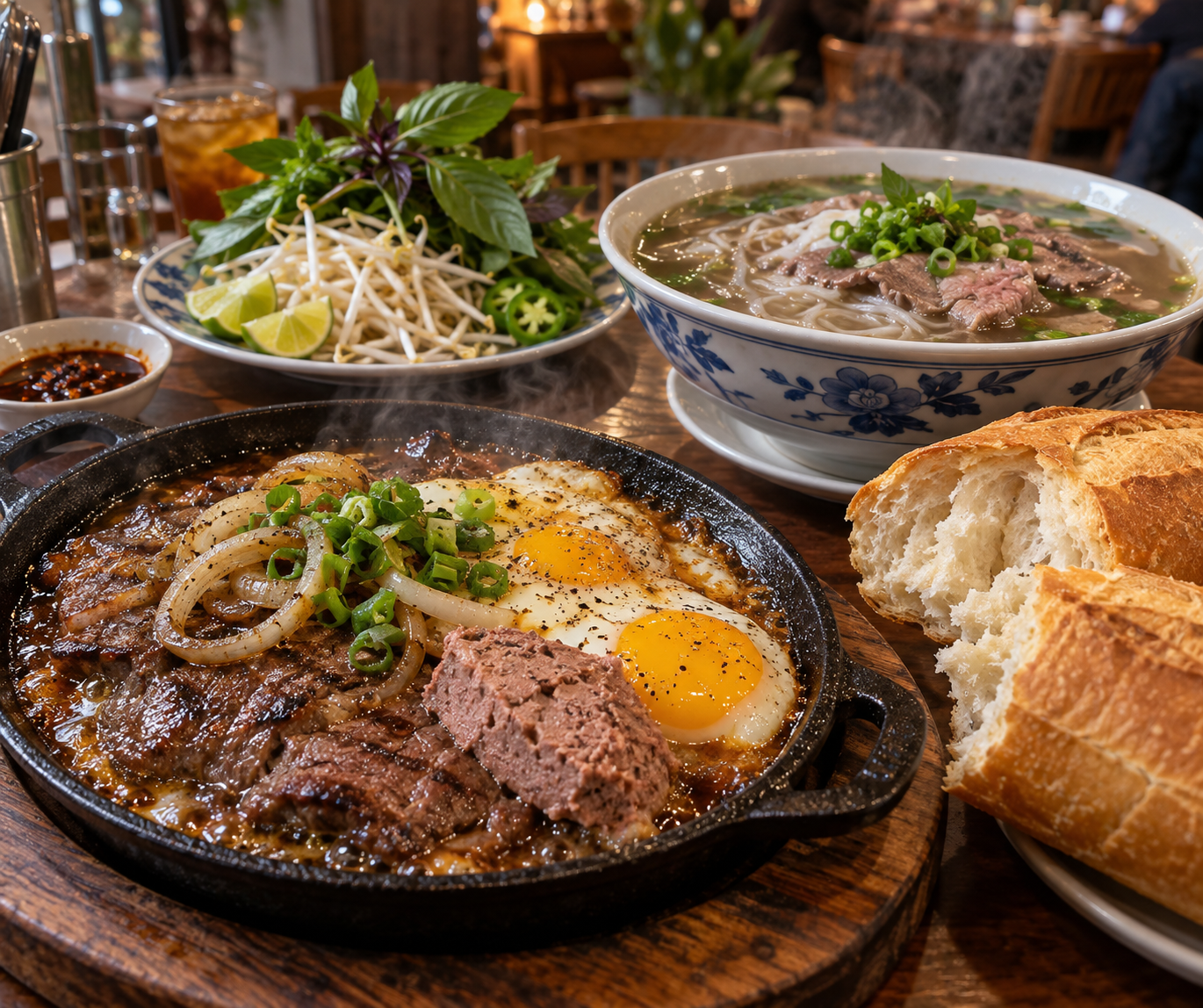 Chảo bò né bốc khói xèo xèo kèm bánh mì giòn rụm tại Little Saigon