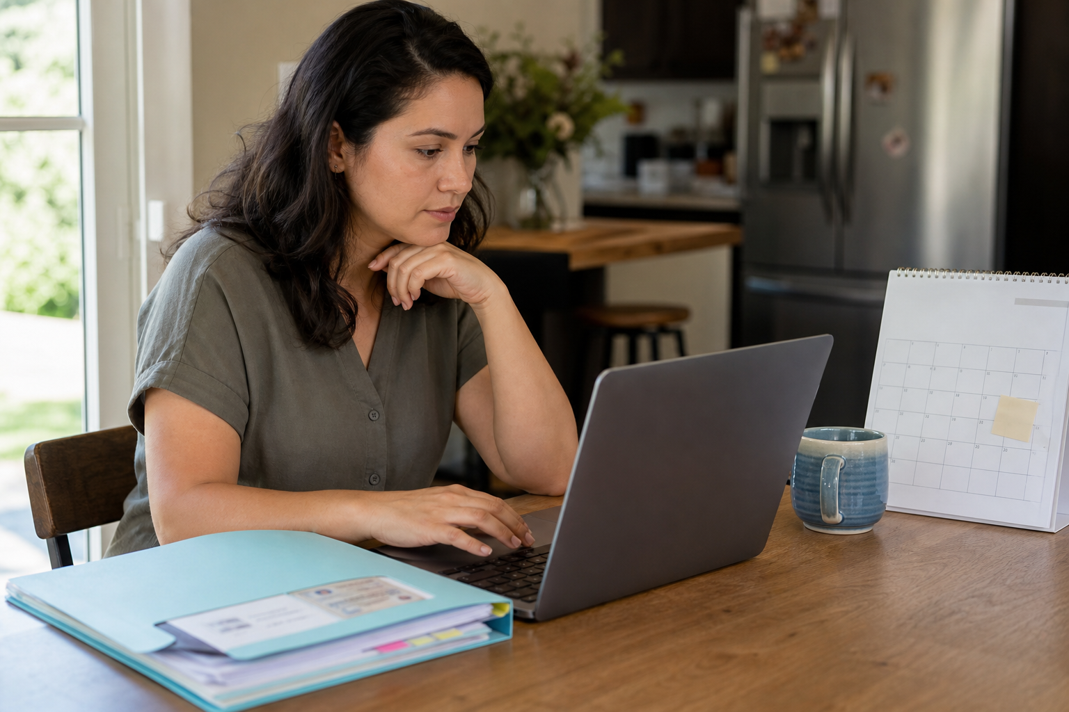 Phụ huynh kiểm tra parent portal, giấy vaccine và lịch năm học trên laptop