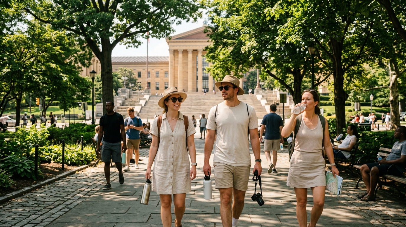 Tourists managing Philadelphia summer heat near a shaded park and museum area