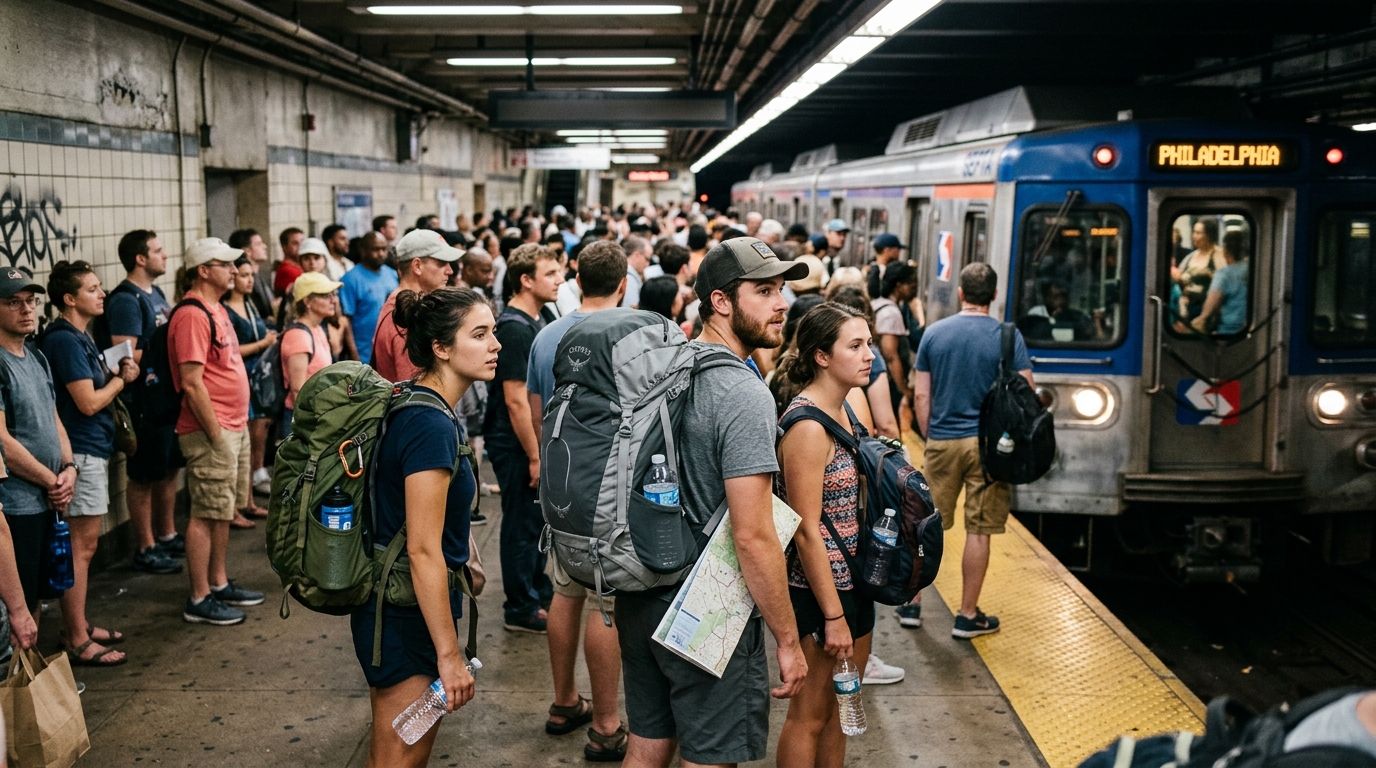 Travelers using public transit in Philadelphia during a busy event weekend