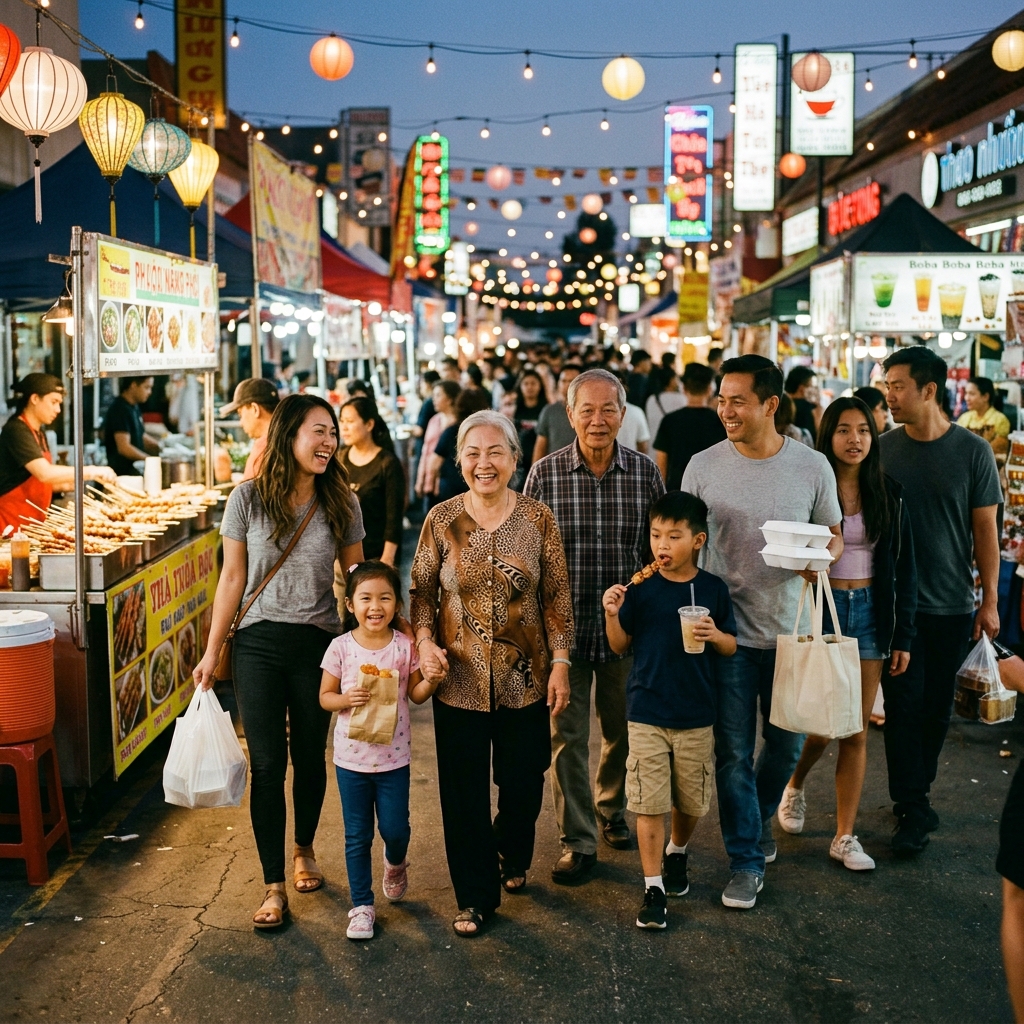 Gia đình và bạn bè đi chơi night market Little Saigon
