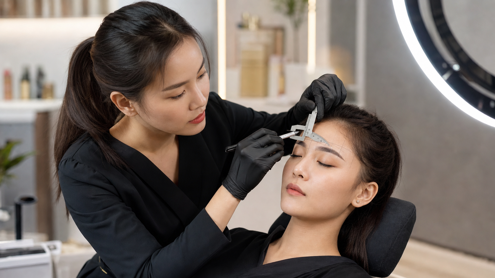 Thợ PMU đang đo vẽ chân mày cho khách