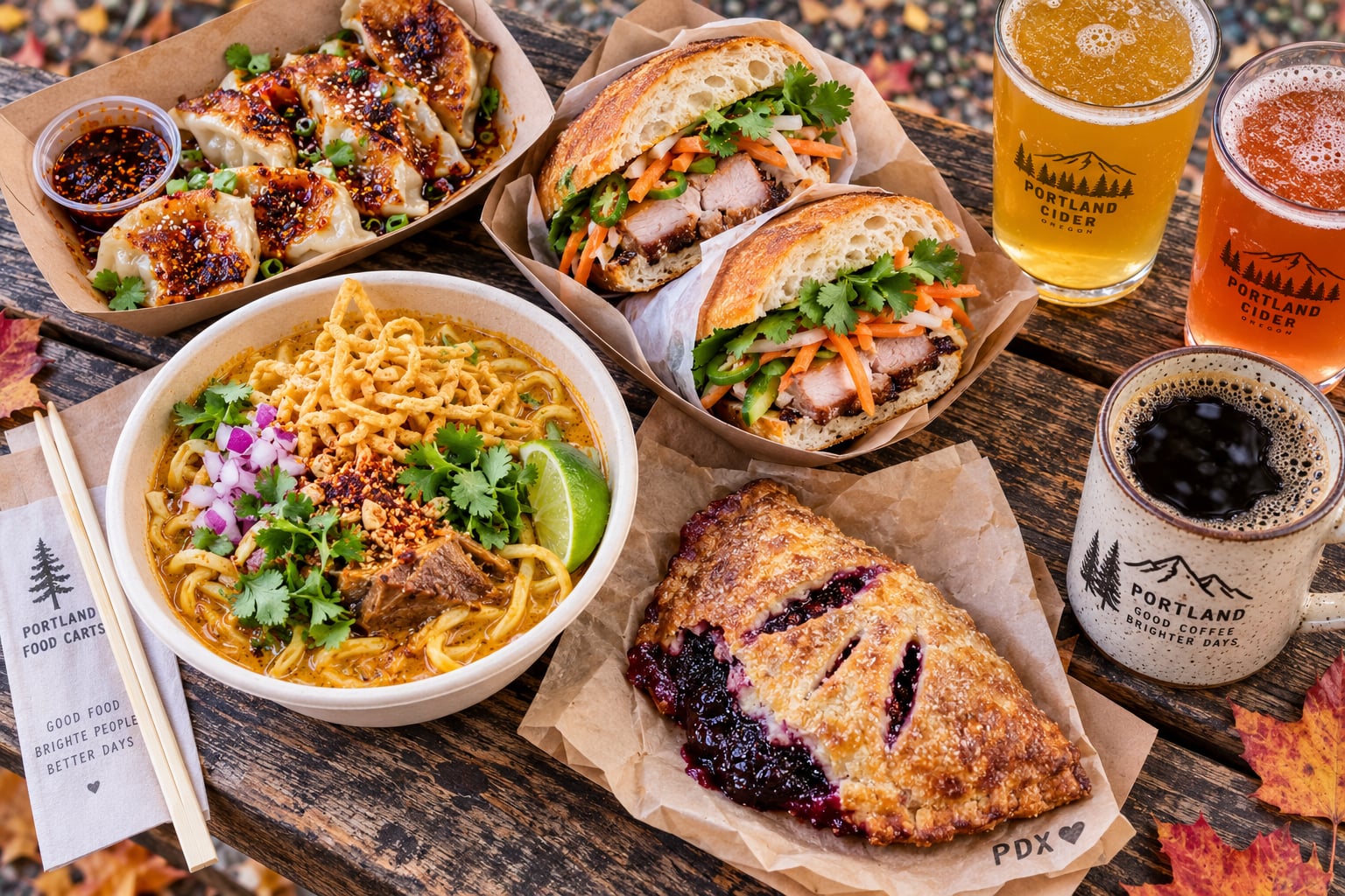 Overhead flat-lay food photograph of a vibrant Portland food cart pod lunch spread on a rustic wood picnic table with street dishes and craft cider