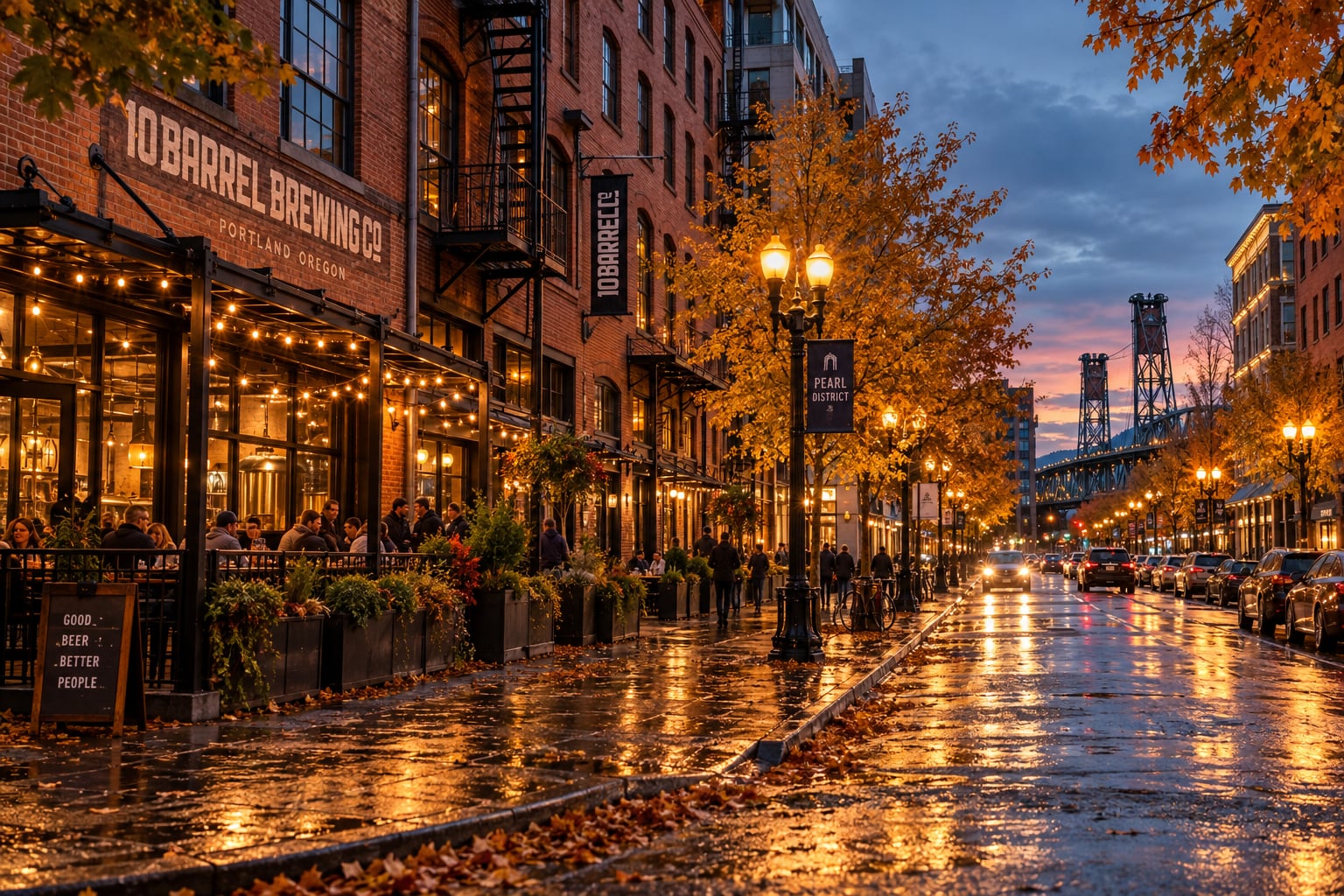 Eye-level evening photograph in the historic Pearl District of Portland showing brick warehouse lofts outdoor cafe string lights and wet pavement at dusk