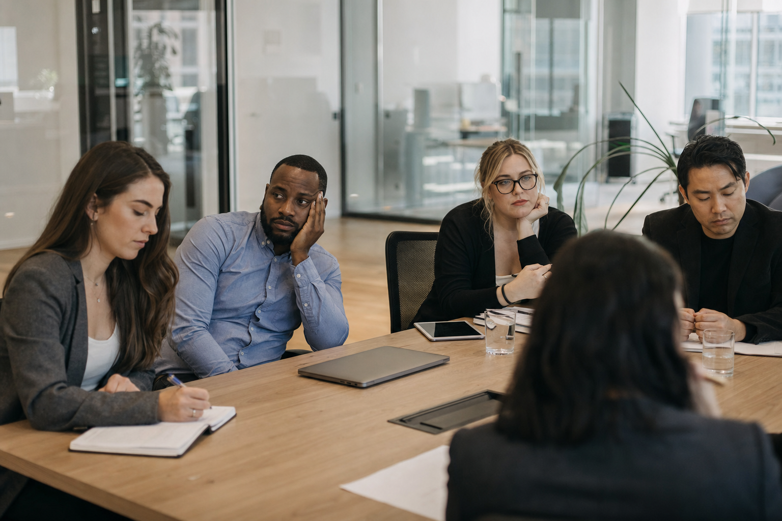 A Monday meeting looks normal even though much of the room has emotionally checked out