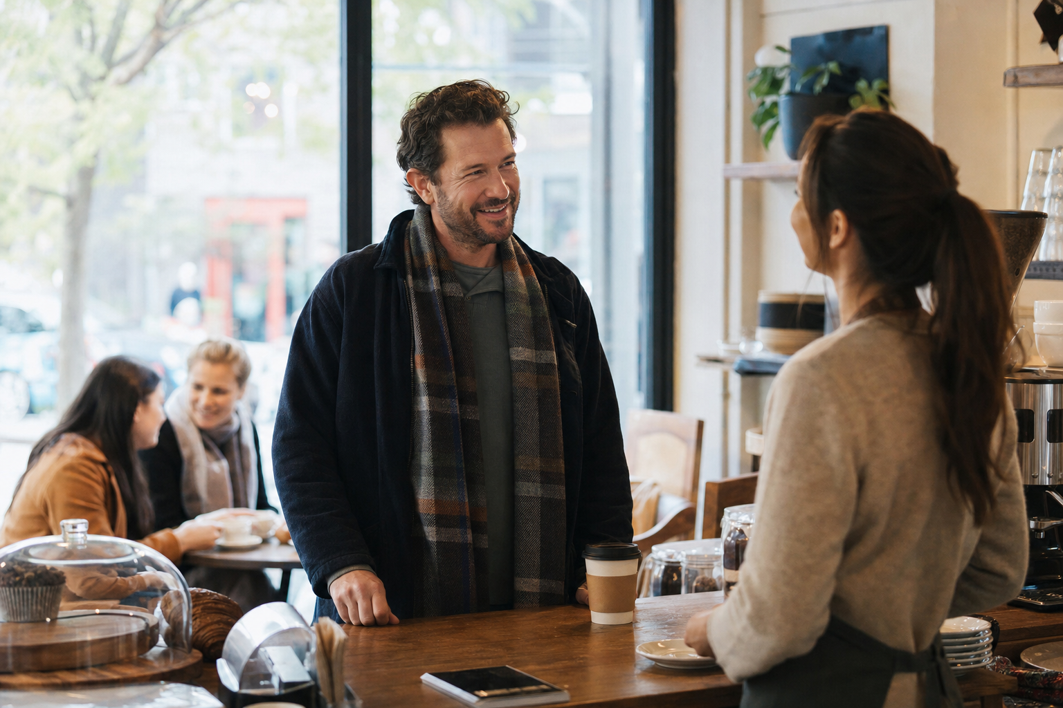 A neighborhood coffee shop becomes meaningful when someone remembers that you were there before