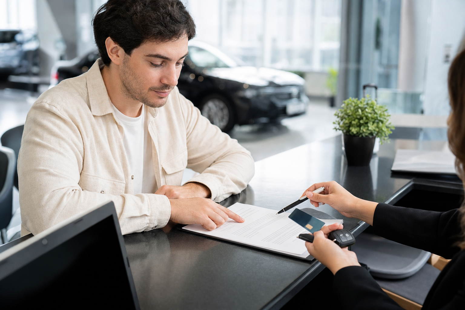 Khách xem hợp đồng thuê xe, các lựa chọn bảo hiểm và tiền cọc trước khi ký