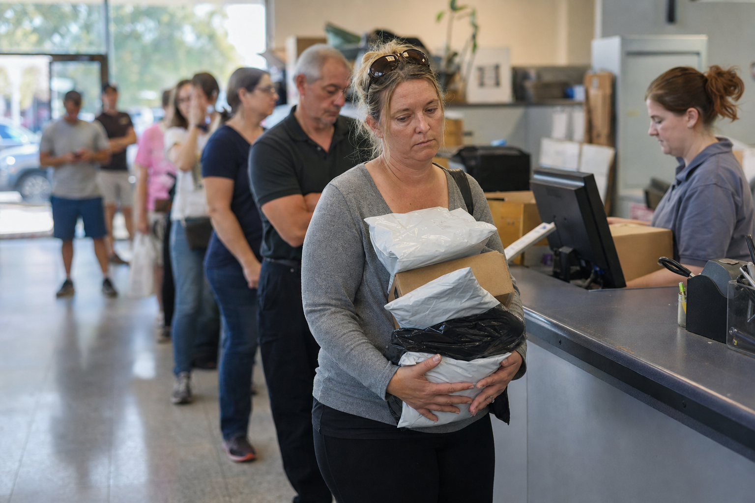 The easy online purchase becomes a weekend line of customers carrying return packages