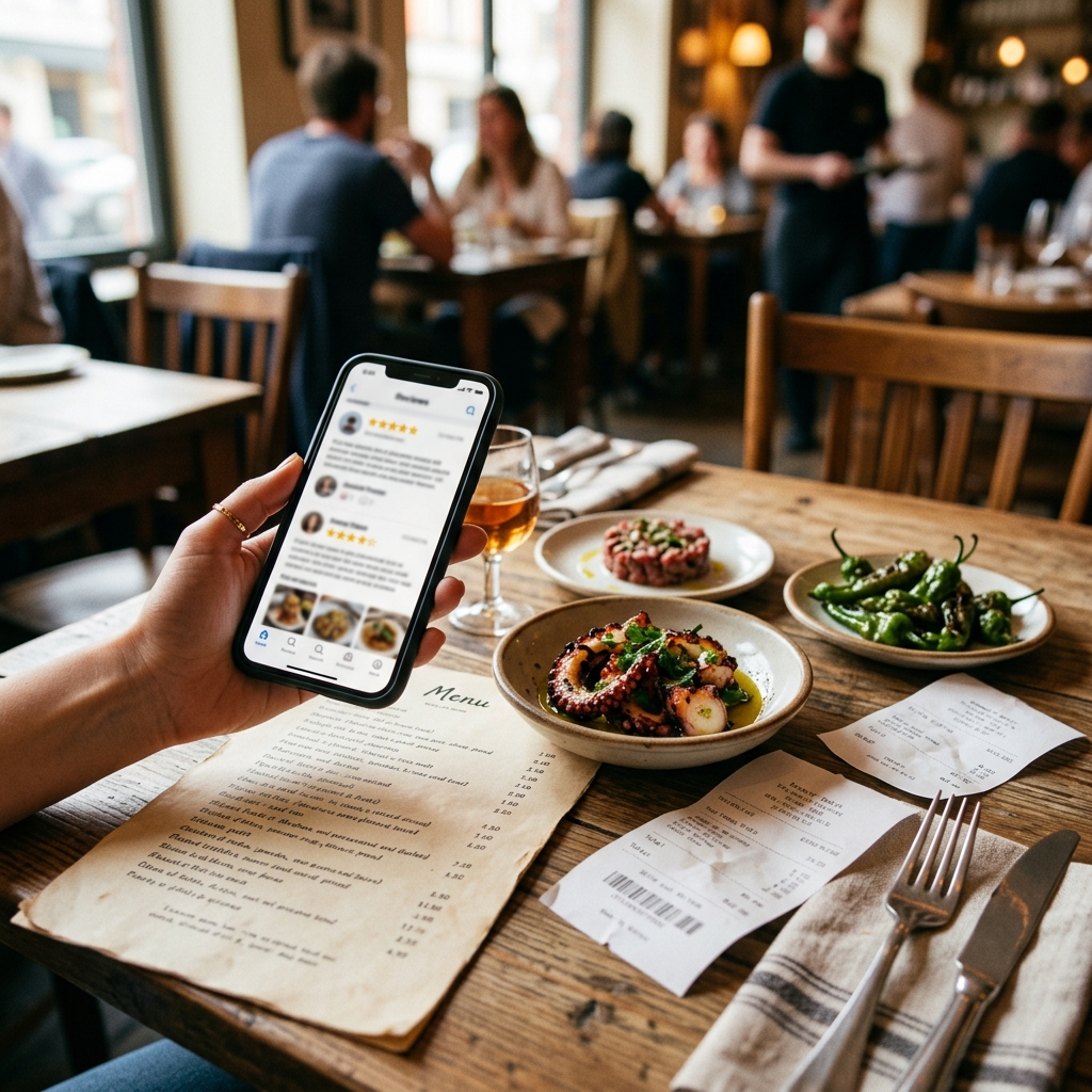 Checking reviews, menu, and receipt after social media hype