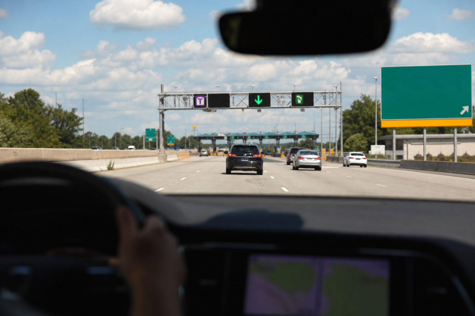 Xe thuê tiến vào làn thu phí điện tử trên highway Mỹ trong chuyến road trip