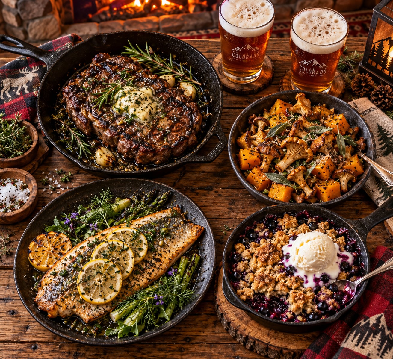 Overhead flat-lay food photograph of a hearty Colorado mountain lodge feast with grilled bison ribeye rainbow trout and skillet crumble