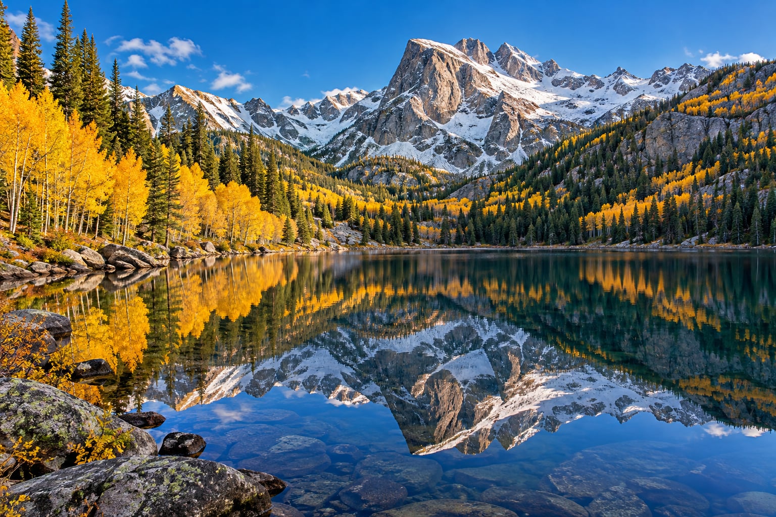 Wide angle view of Bear Lake reflecting snow dusted Hallett Peak and brilliant golden autumn aspen trees in Rocky Mountain National Park