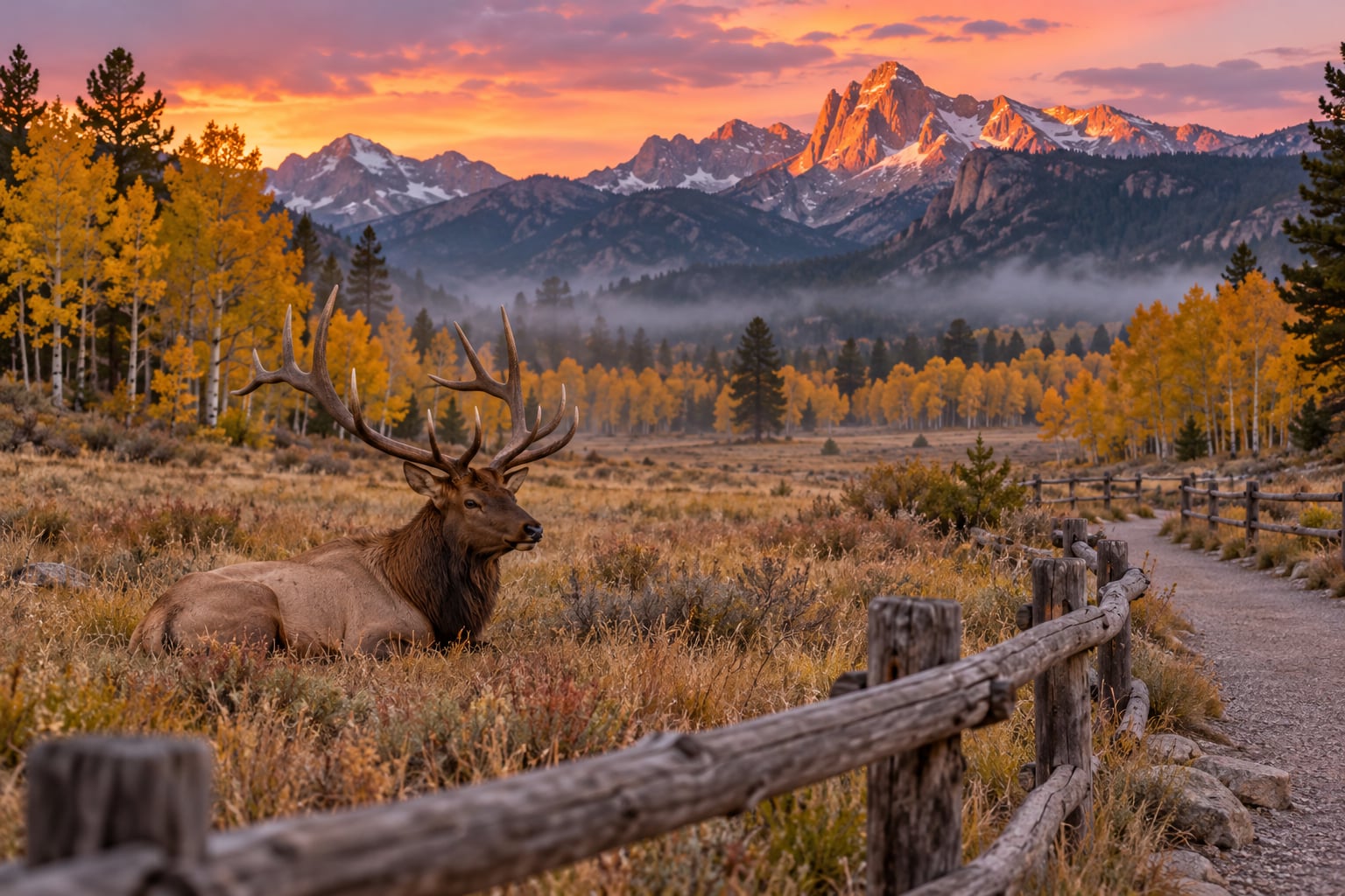 Eye-level evening photograph in Moraine Park meadow with a wild bull elk among golden grasses and autumn aspens at dusk