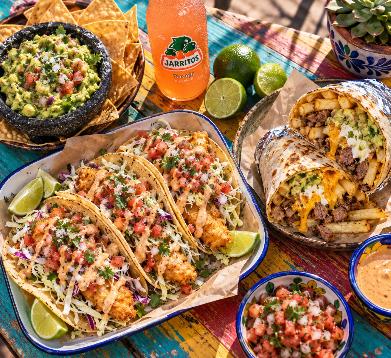An overhead flat-lay food photograph of an authentic San Diego Baja California culinary feast arranged on a colorful rustic wooden patio table, featuring a platter of crispy beer-battered Baja fish tacos topped with finely shredded cabbage, pico de gallo, and creamy drizzled chipotle crema in warm corn tortillas
