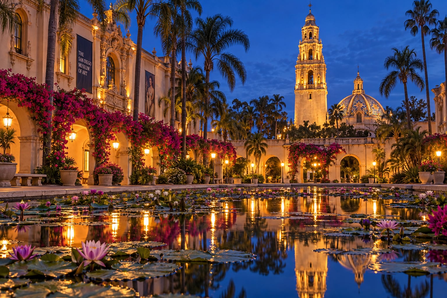 An eye-level atmospheric evening photograph inside historic Balboa Park in San Diego California at blue hour twilight, showing the intricate Spanish Colonial Revival architecture of the Casa de Balboa and California Tower illuminated with warm golden exterior lamps, reflecting pool filled with blooming water lilies and lotus flowers