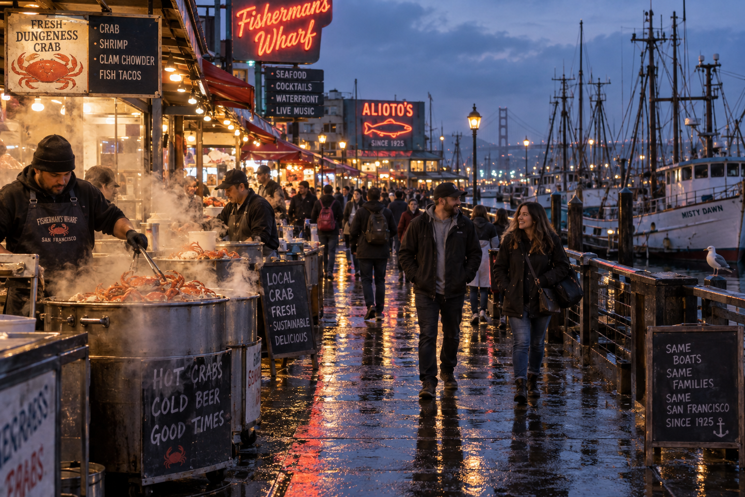 Góc chụp tầm mắt tại bến cảng Fisherman's Wharf ở San Francisco lúc chạng vạng tối với các quầy hải sản bốc khói hơi nước nghi ngút và biển hiệu đèn neon rực rỡ
