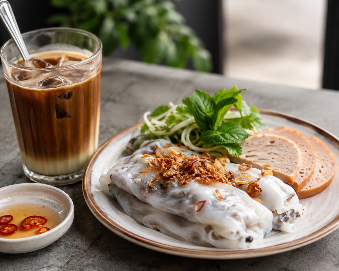 Đĩa bánh cuốn tráng nóng thơm nức kèm ly cà phê sữa đá đậm đà