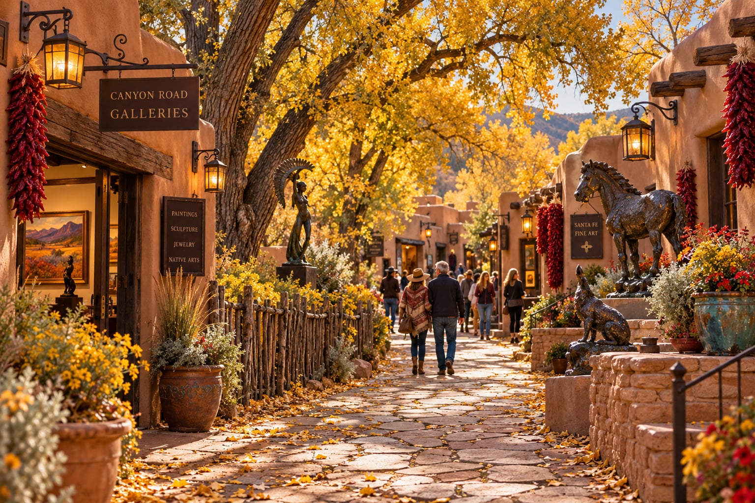 Canyon Road art galleries and adobe courtyards in autumn golden light