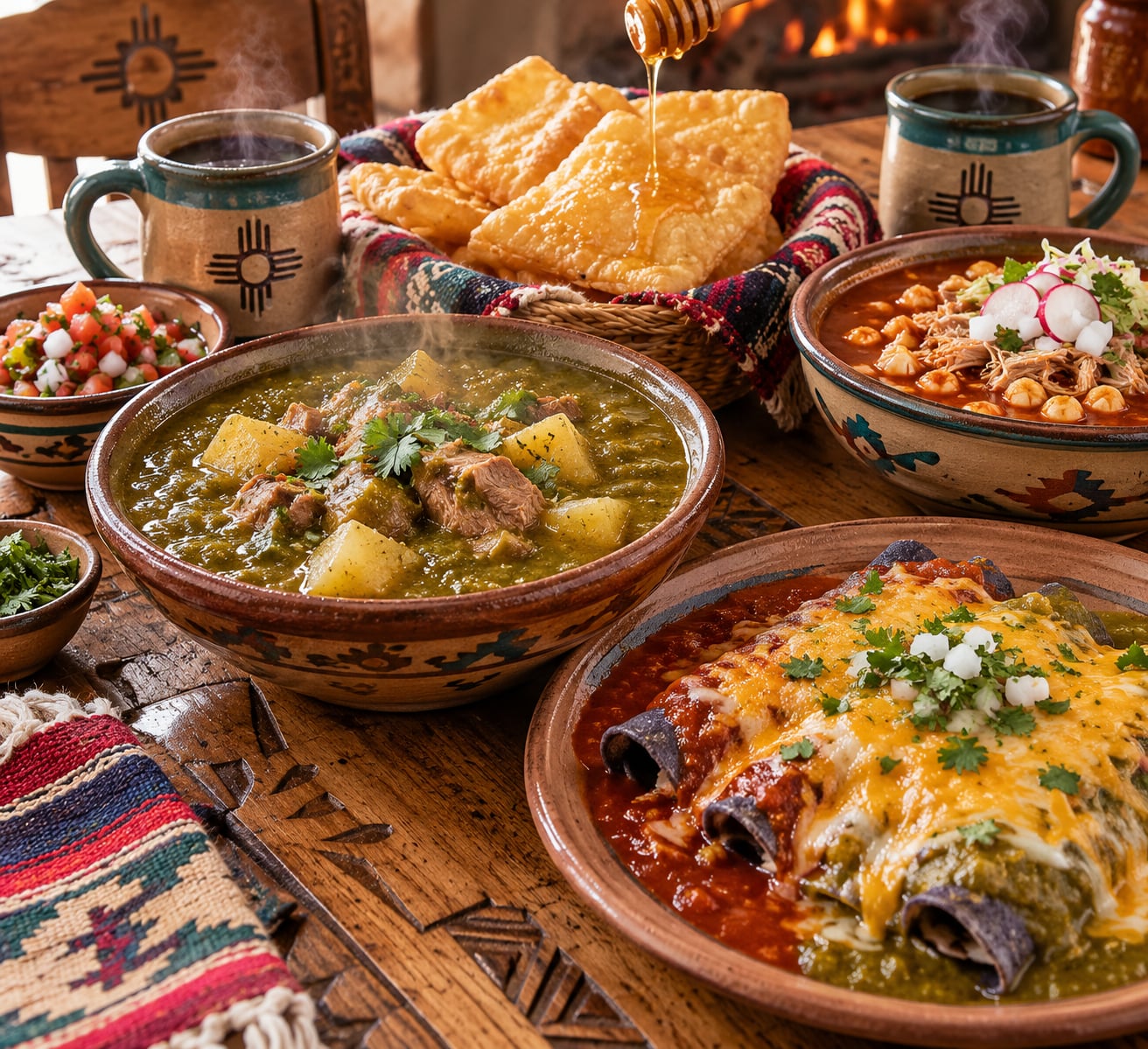 Authentic New Mexican culinary feast with green chile stew and blue corn enchiladas
