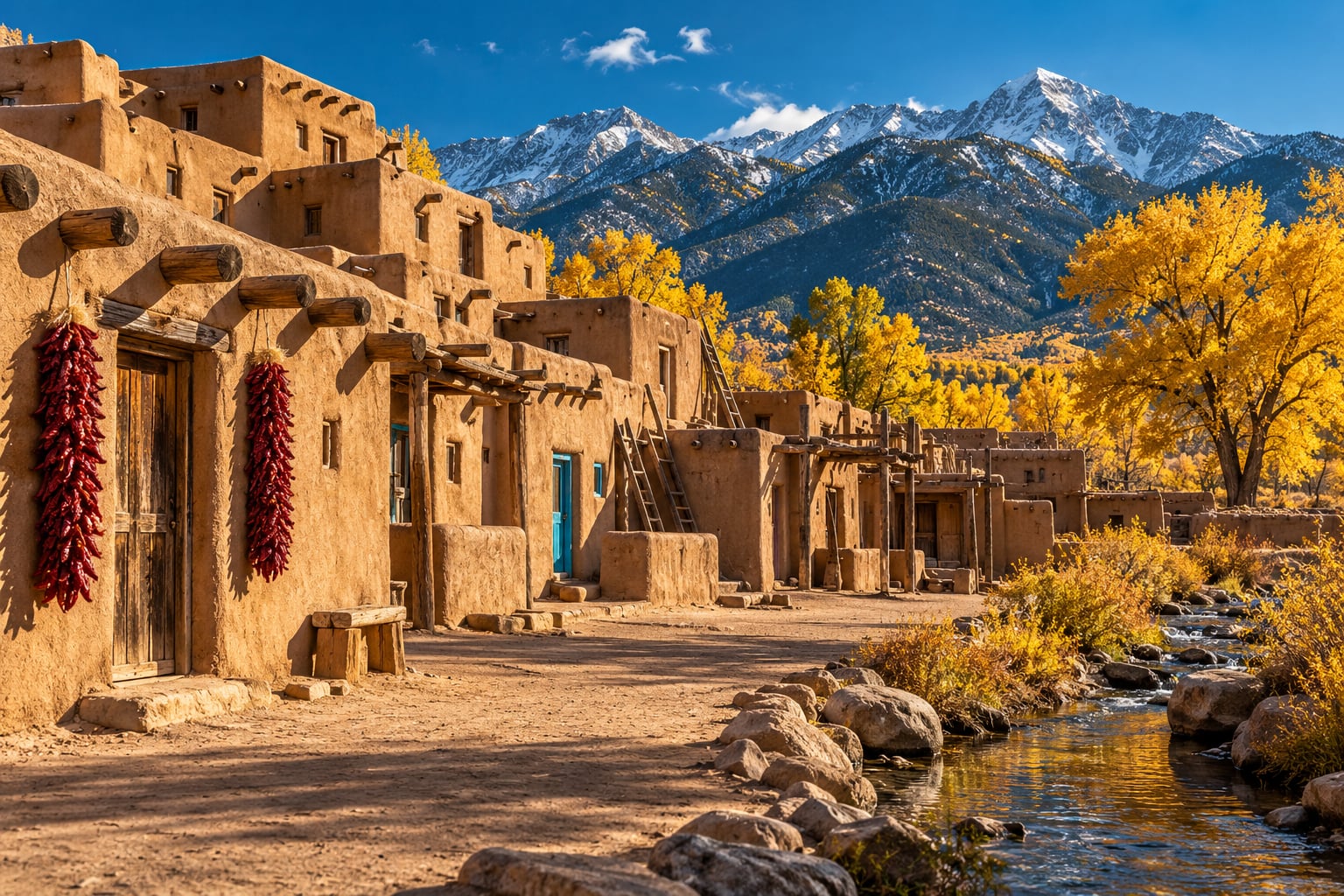 Taos Pueblo multi-tiered adobe structures framed against autumn mountains