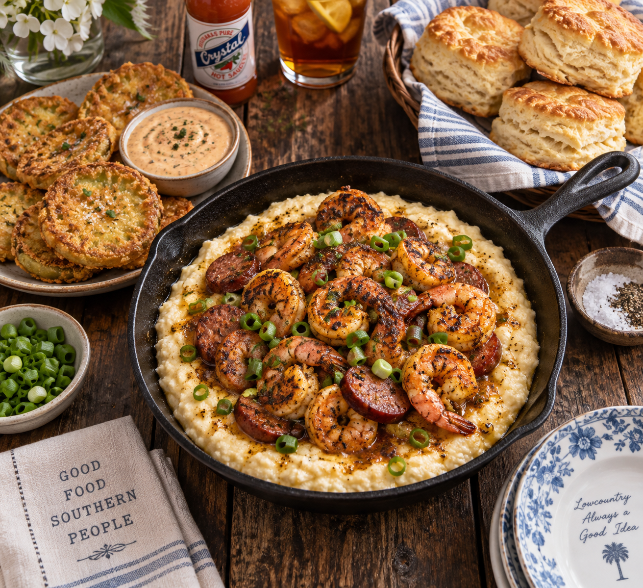 An overhead flat-lay photograph of a classic Lowcountry Southern feast featuring creamy stone-ground grits with blackened coastal shrimp, sliced andouille sausage, fried green tomatoes, and buttermilk biscuits