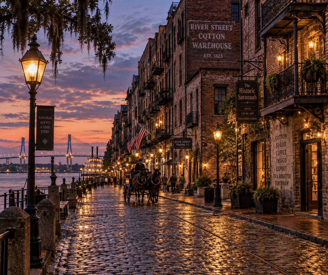 Historic River Street in Savannah Georgia at twilight with ballast cobblestone lane glowing under warm flickering vintage gas lanterns and antique brick warehouses