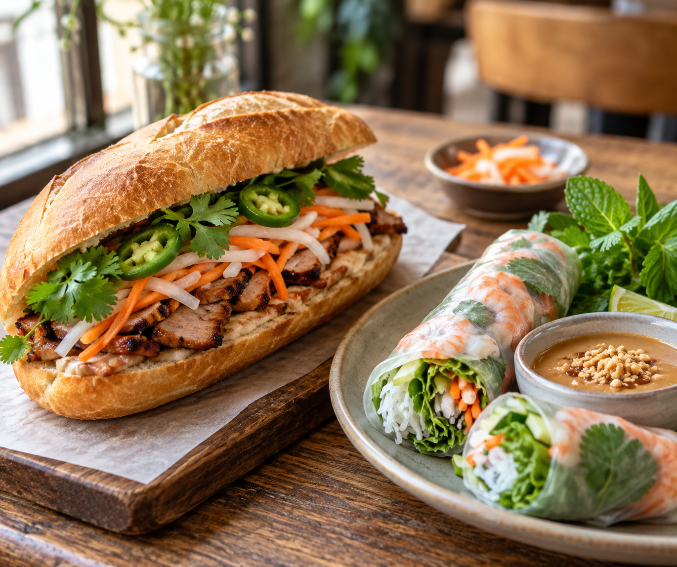 Ổ bánh mì giòn rụm đầy ắp thịt cùng dĩa gỏi cuốn tươi ngon tại tiệm deli