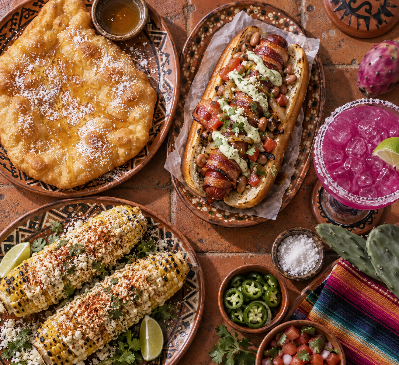 An overhead flat-lay photograph of a vibrant Southwestern feast featuring golden Navajo fry bread, a bacon-wrapped Sonoran hot dog with pinto beans, charred elote street corn, and a magenta prickly pear margarita
