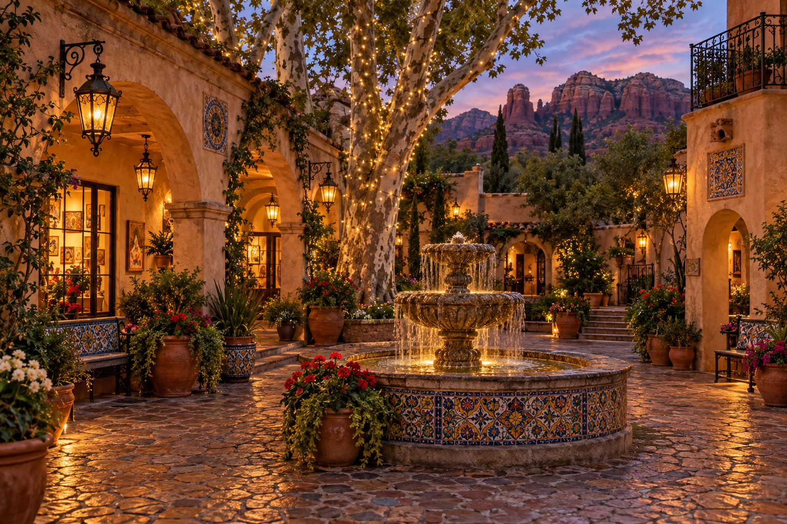 An eye-level atmospheric evening photograph of Tlaquepaque Arts and Shopping Village in Sedona at twilight with Spanish colonial arched porticos, glowing wrought iron lanterns, and cobblestone courtyards