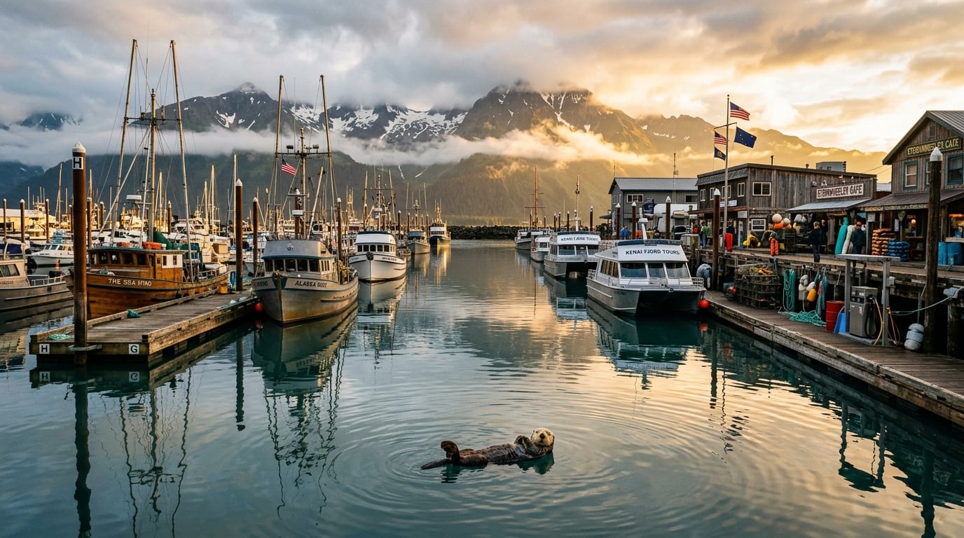 Seward historic small boat harbor with commercial fishing vessels and snow-capped Kenai Mountains