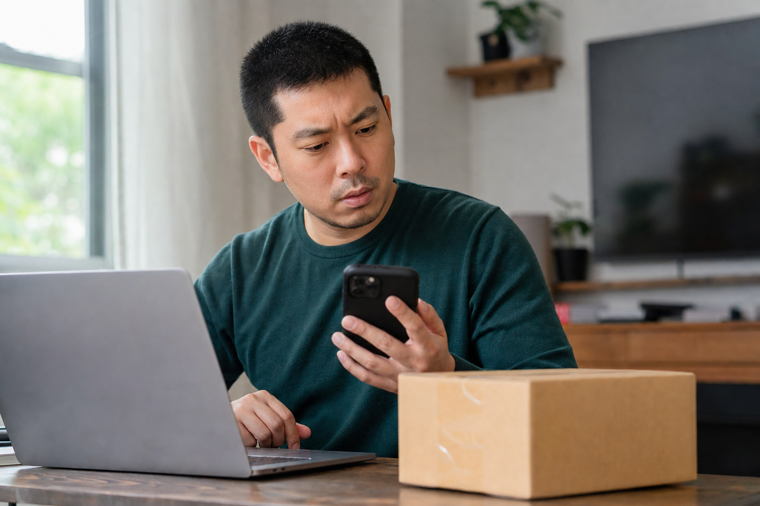 Người mua sắm online kiểm tra tin nhắn giao hàng đáng ngờ trên điện thoại