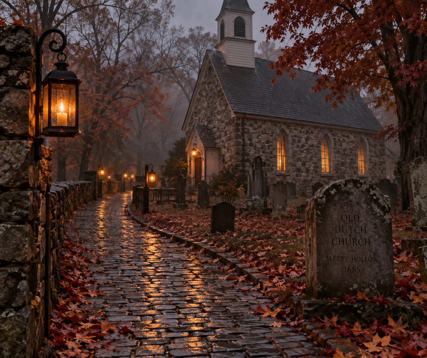 Historic colonial stone church and cemetery in Sleepy Hollow along a winding wet cobblestone pathway with glowing lanterns