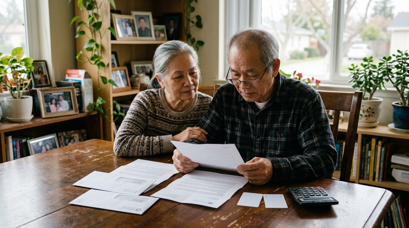 Cô chú người Việt kiểm tra giấy tờ tiền hưu và Social Security