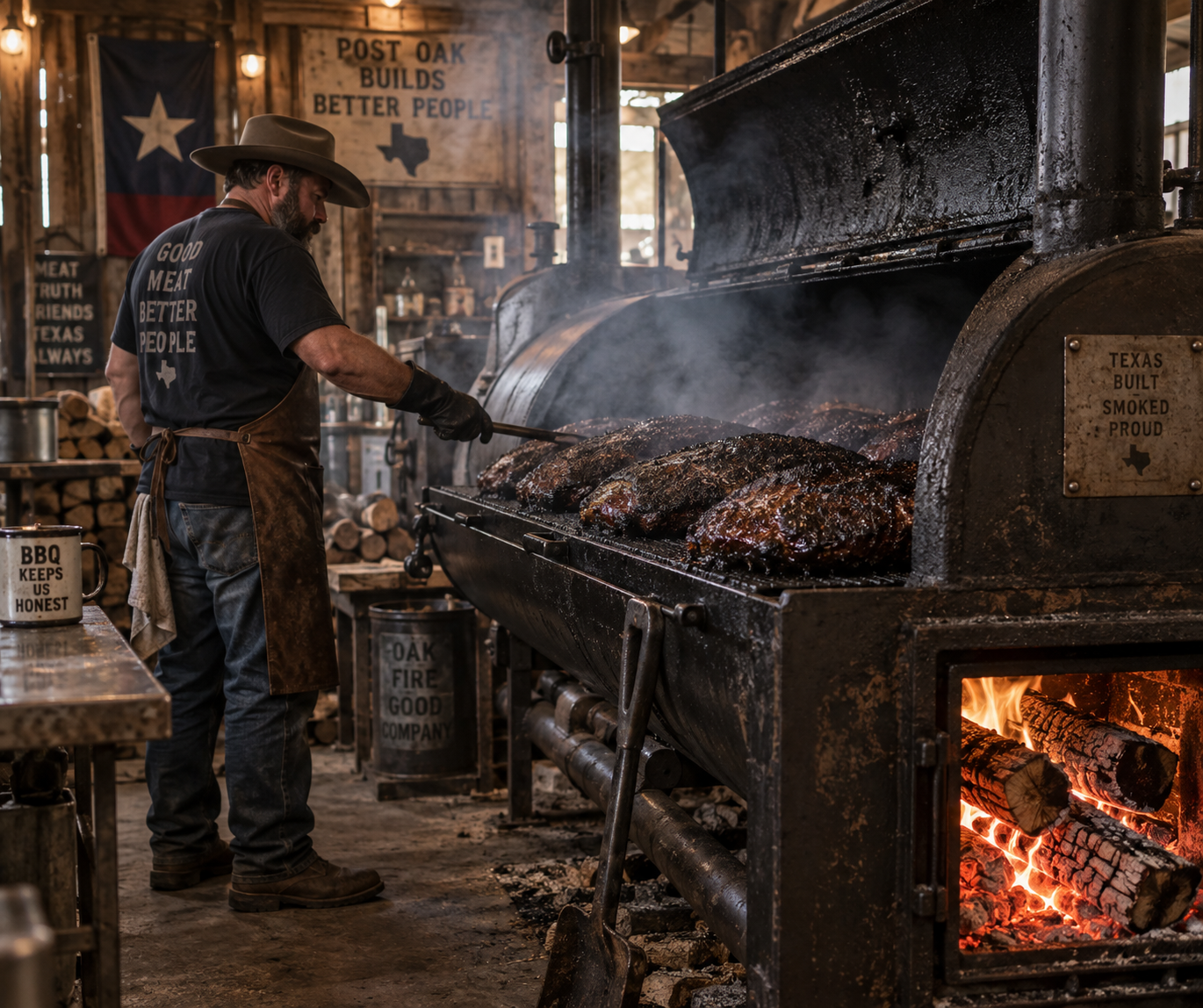 Pitmaster tending a massive black steel offset pit smoker inside a rustic Texas post-oak smokehouse with glowing wood embers