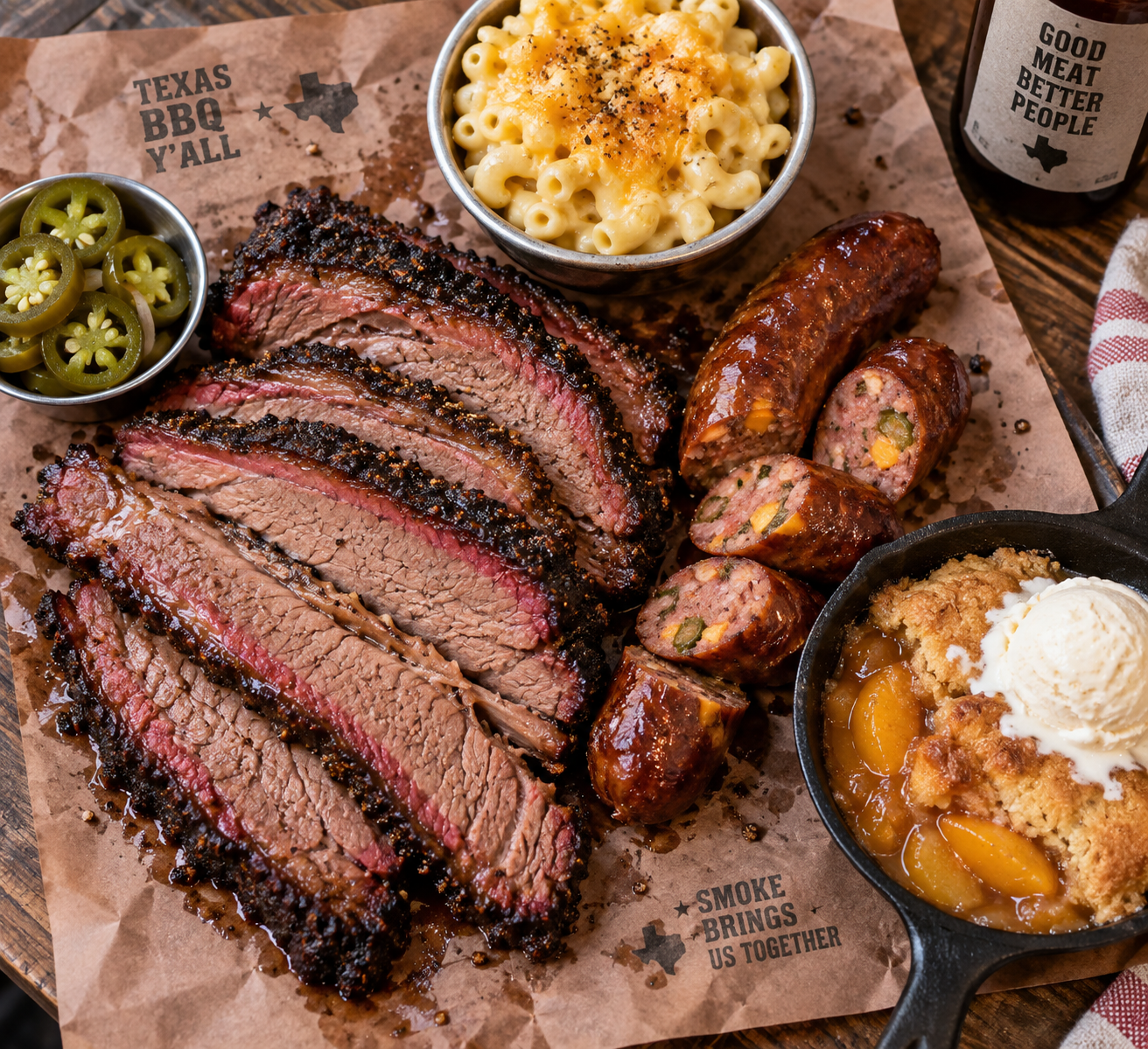 Overhead flat-lay photograph of authentic Texas barbecue served on rustic brown butcher paper with juicy smoked beef brisket, snappy sausage, and peach cobbler