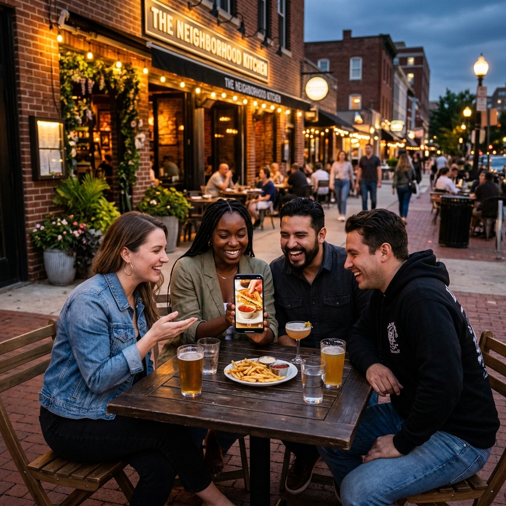 Friends discovering a restaurant from a short food video
