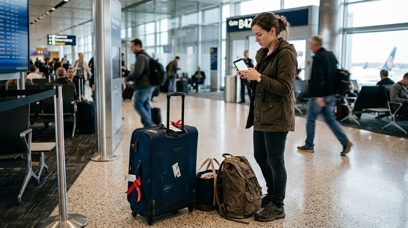 A traveler double-checking trip details before leaving