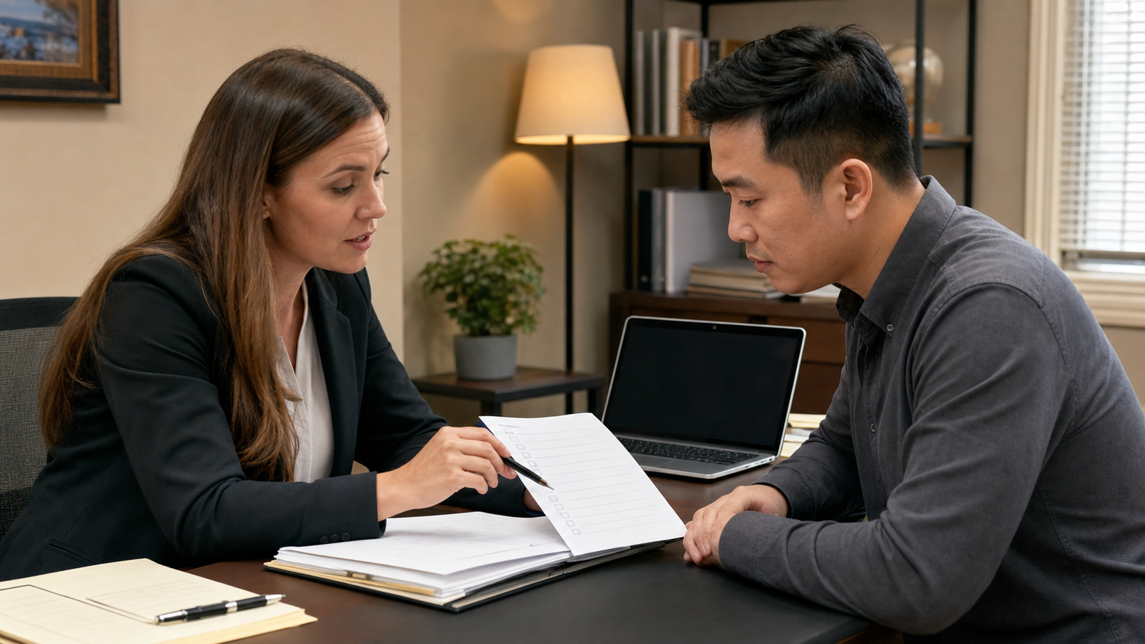 Văn phòng tư vấn hồ sơ di trú, người tư vấn chỉ vào checklist