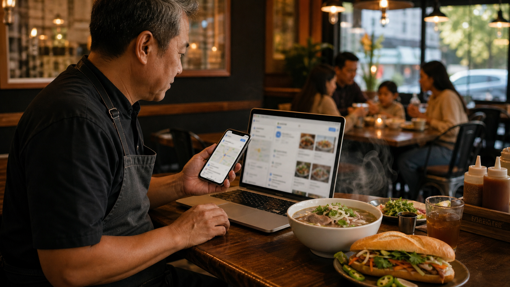 Chủ quán Việt kiểm tra Google Maps, AI search và điện thoại trong không gian quán ấm cúng