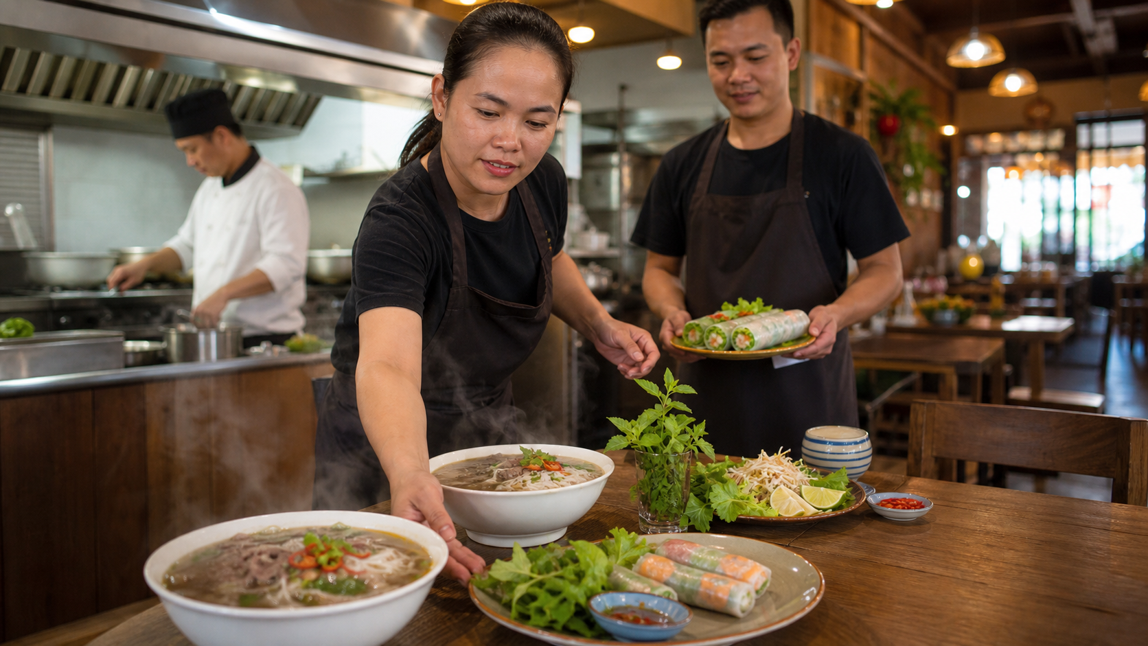 Nhân viên quán Việt chuẩn bị hình món phở, bún bò và gỏi cuốn để cập nhật menu online