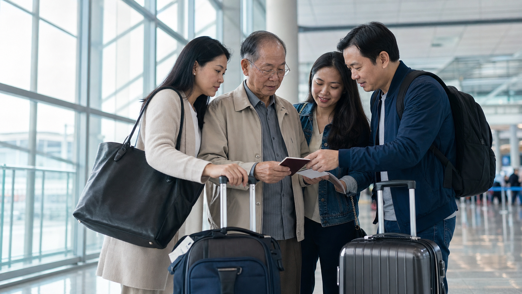 Người lớn tuổi được con cháu hỗ trợ ở sân bay