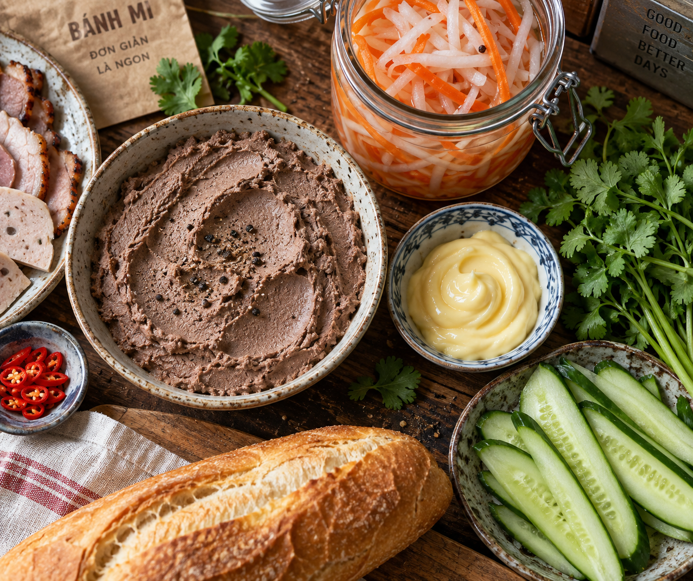 Artisanal Banh Mi ingredients arranged on a wooden preparation counter including liver pate, egg mayo, and fresh pickled vegetables