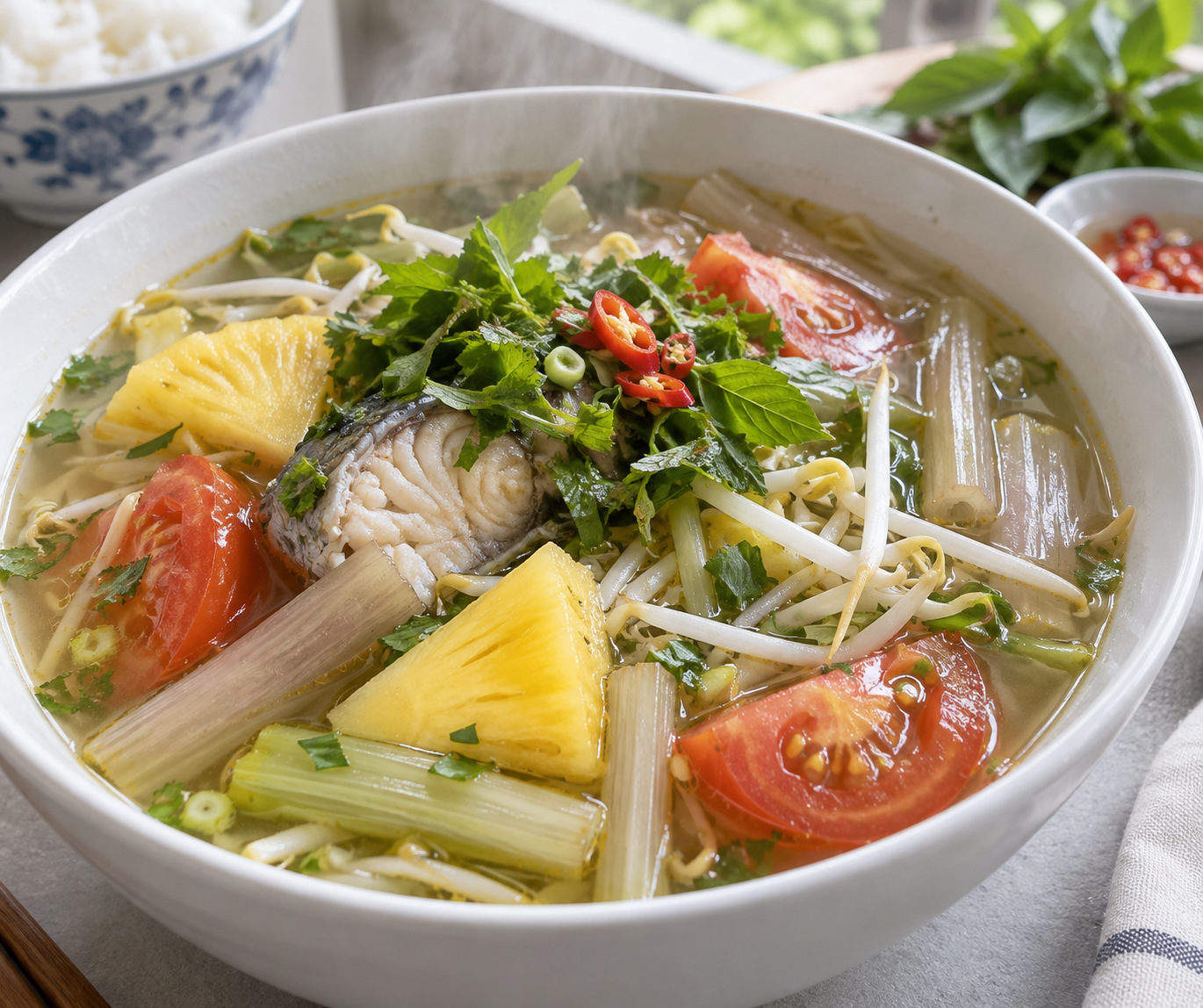 A steaming white ceramic bowl of authentic Vietnamese tamarind sour soup filled with pineapple chunks, tomatoes, elephant ear stalks, and fresh green herbs