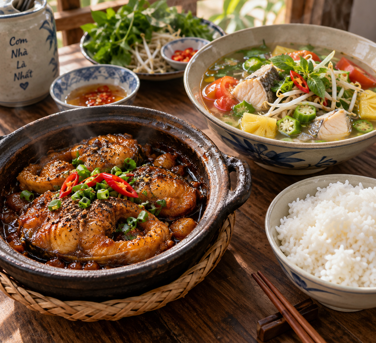 A cozy, inviting family dinner table set with steaming bowls of white jasmine rice, bubbling caramelized claypot fish, tamarind sour soup, and fresh dipping chili fish sauce