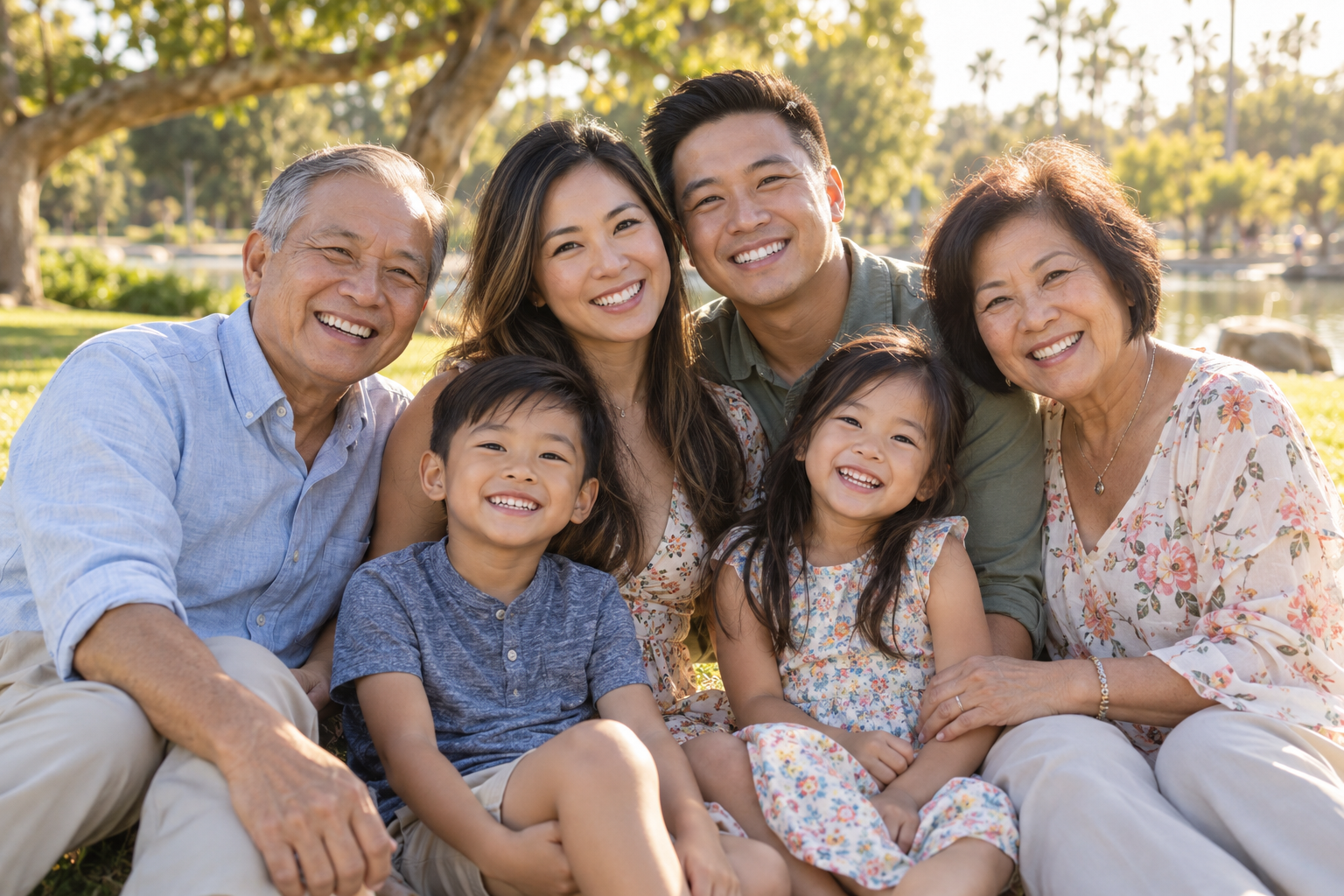 A happy multi-generational Vietnamese American family smiling warmly together outdoors