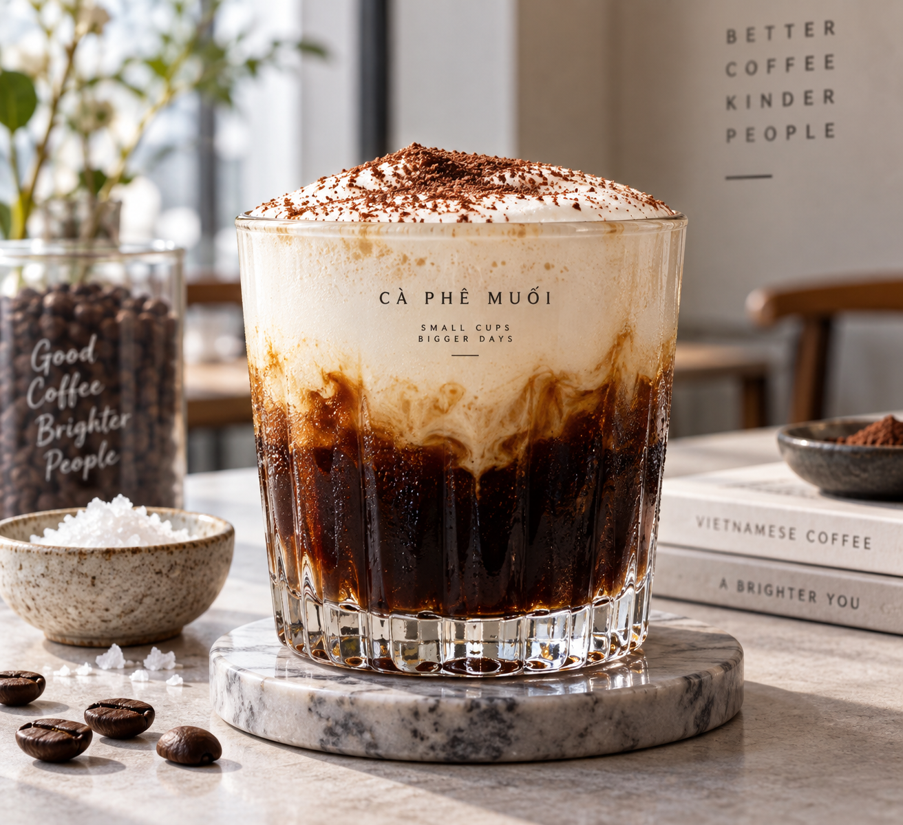 A gorgeous modern glass of viral Vietnamese salt coffee topped with thick sea-salt cream foam