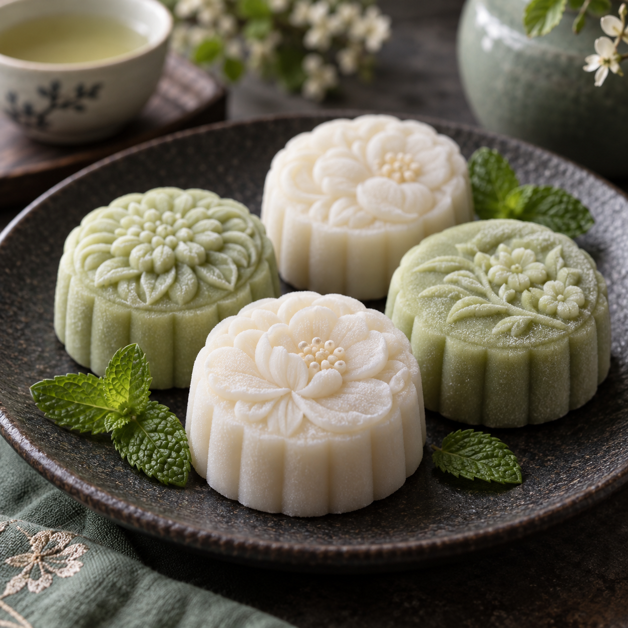 Delicate snow skin mooncakes and fragrant blooming jasmine tea served on an artisanal platter