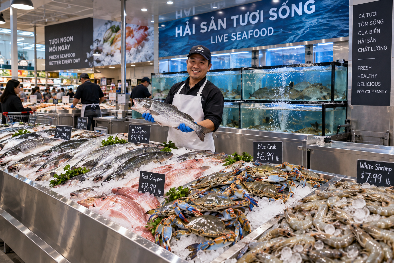 A pristine live seafood section with glass tanks and stainless steel beds of fresh whole fish